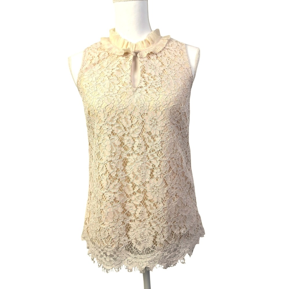 J. Crew Romantic Lace Top Ruffle Mock Neck Cream Sleeveless Blouse Party XS